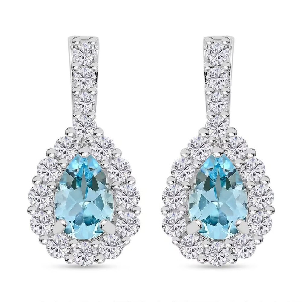 NEW Pear Shape Blue Topaz w/Simulated Diamond 5.80 ctw Earrings - Silvertone
